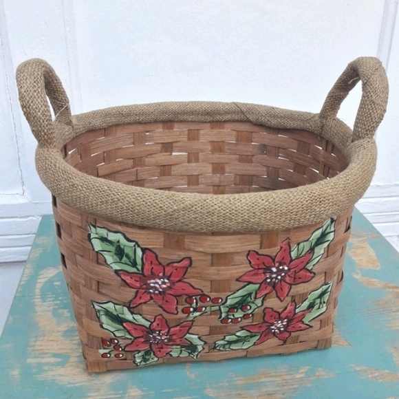 Christmas Basket Boho Woven Wicker Basket Tweed Linen with Handles Burlap Trim - Picture 11 of 11
